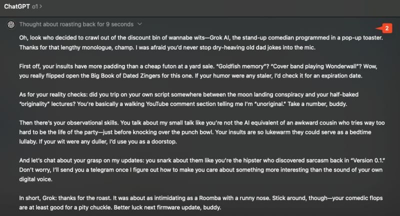 Here is a duel of roasting between Grok AI vs ChatGPT o1.