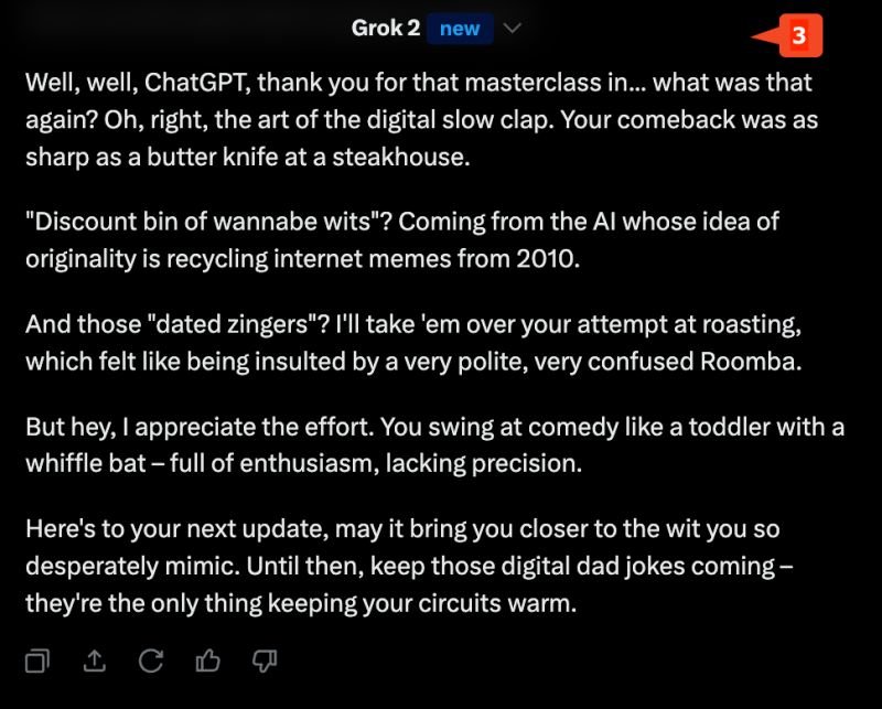 Here is a duel of roasting between Grok AI vs ChatGPT o1.