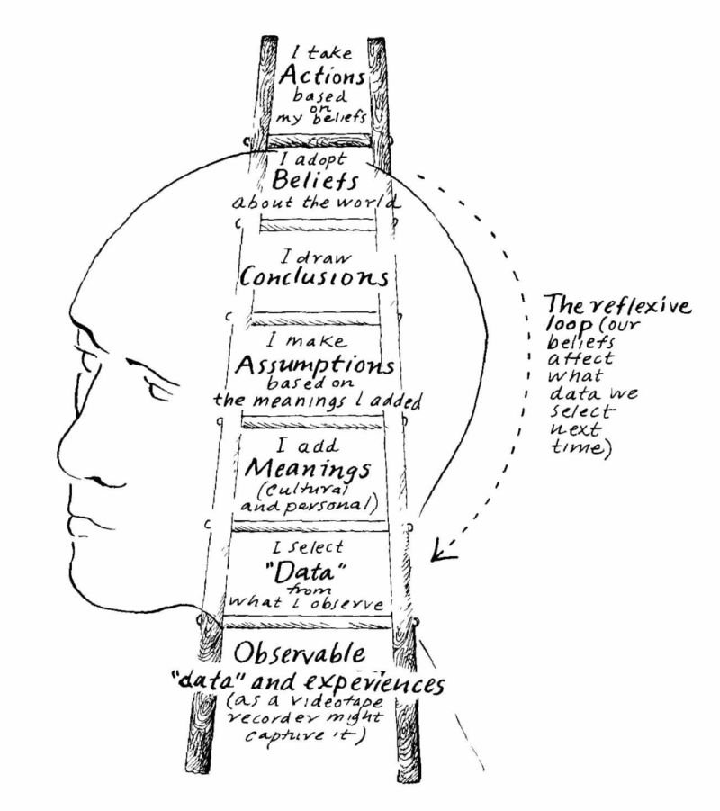 The ladder of inference, from the book "The Fifth Discipline" by Peter M. Senge