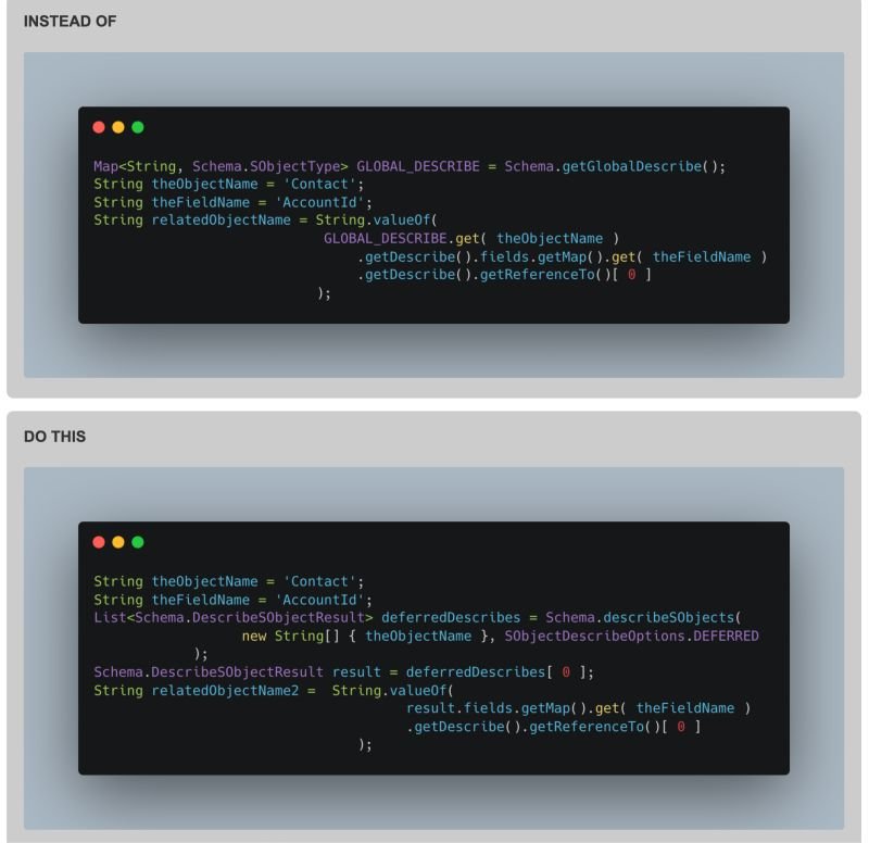 Three Apex examples of how to avoid expensive Describe operations to retrieve metad...